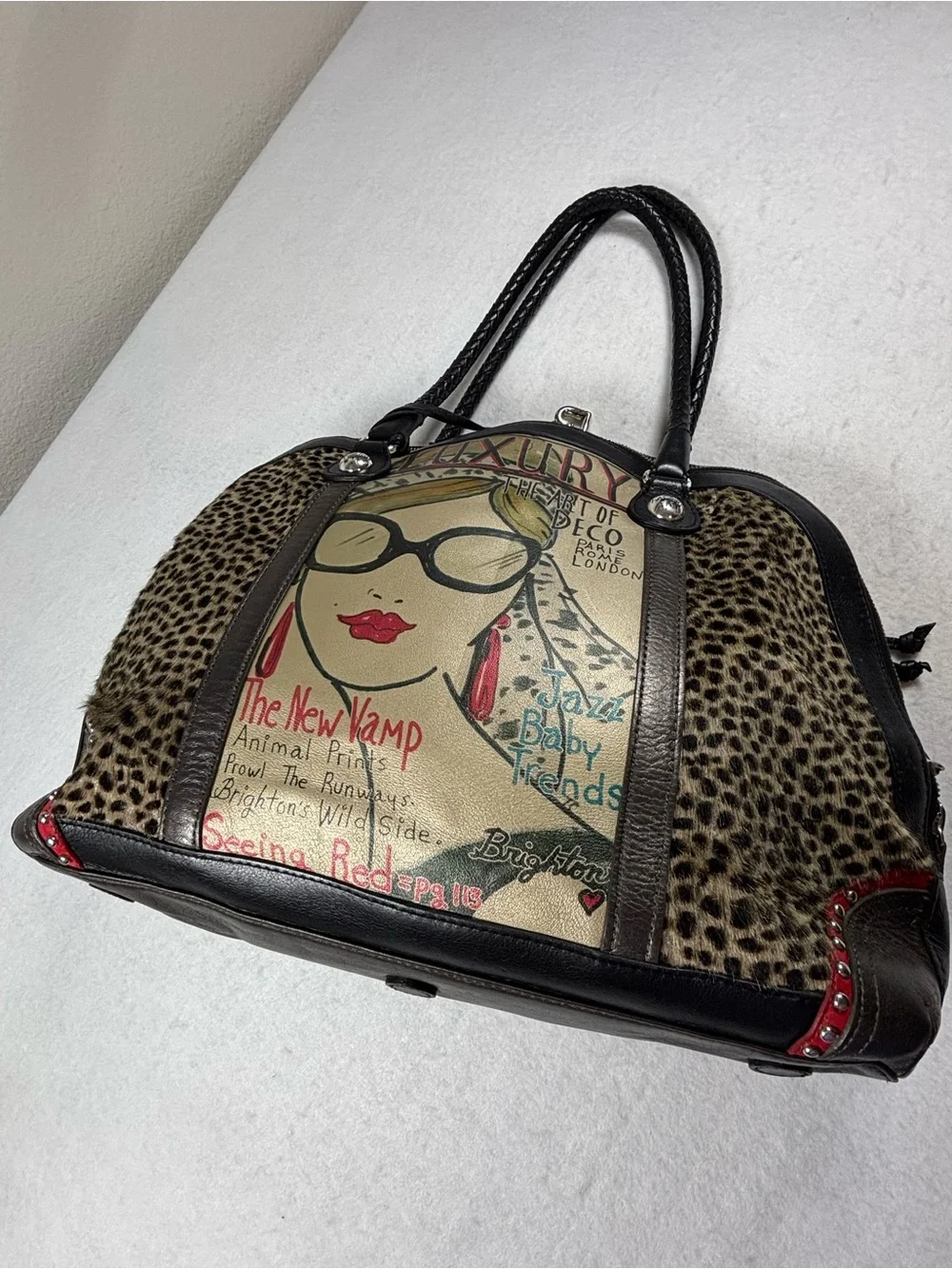 Retired Authentic Brighton “Luxury – The Art of Deco” Large Satchel Leopard Hair
